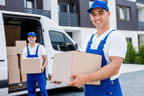 Two removal company workers unloading boxes from minibus into new home.